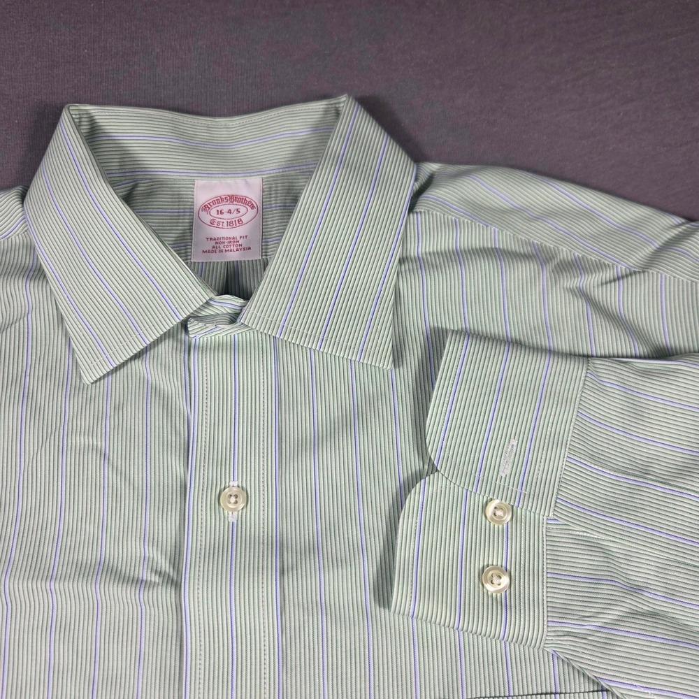 Brooks Brothers Mens 16 4/5 Traditional Fit Non-Iron Striped Dress Shirt Green L